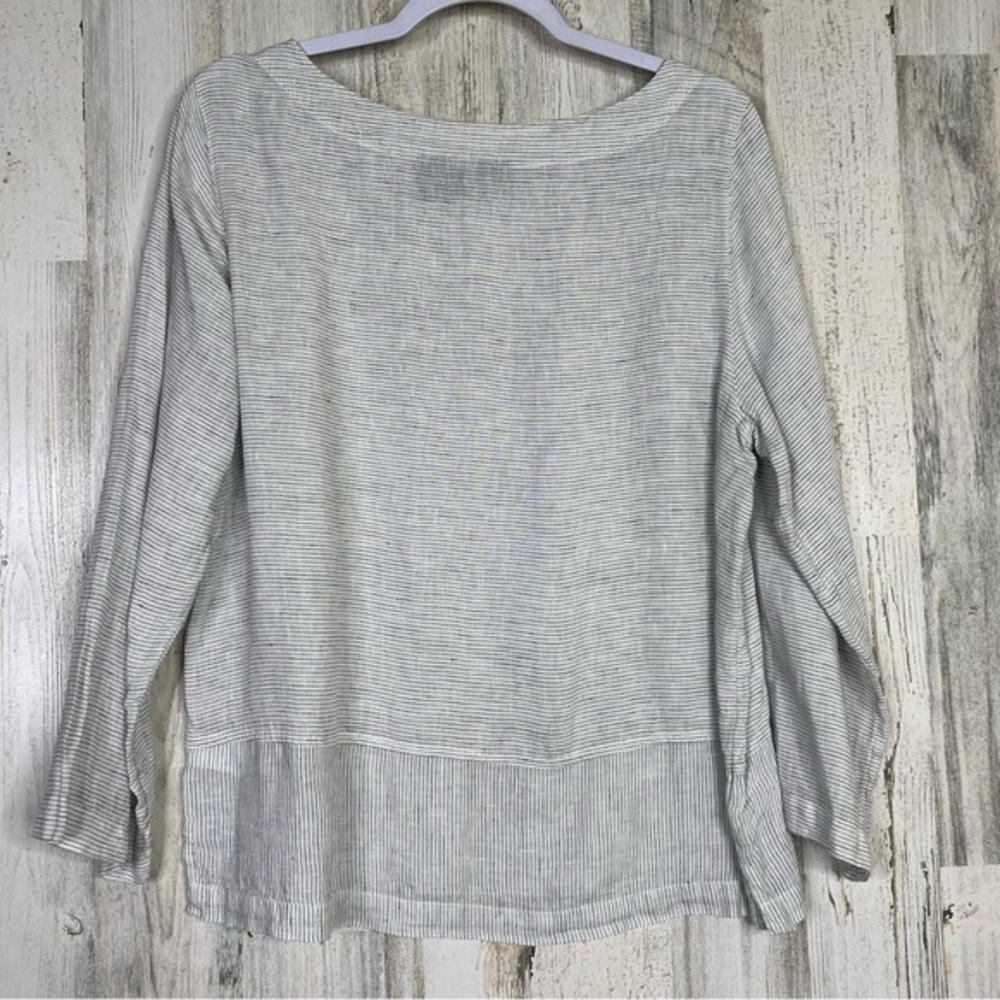TAHARI Linen Shirt Womens Size Large, White Black Striped Shirt Lagenlook Casual - Picture 2 of 9